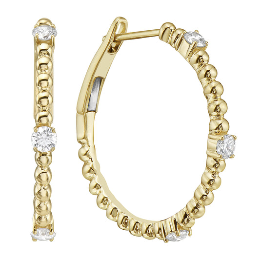 YELLOW GOLD BEAD BALL DIAMOND HOOP EARRINGS