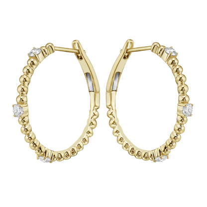 YELLOW GOLD BEAD BALL DIAMOND HOOP EARRINGS