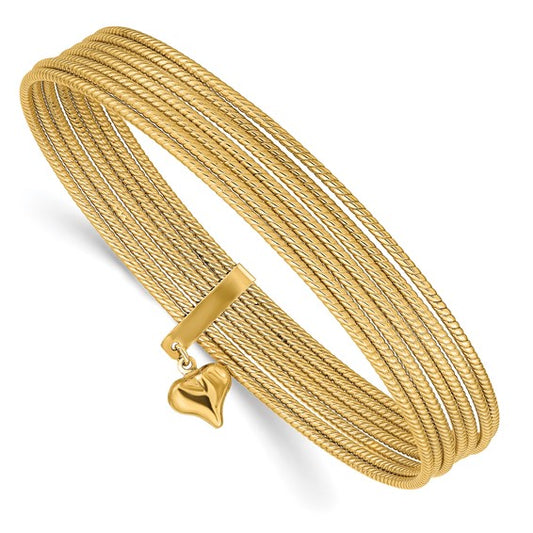 14K with Dangle Heart Slip-on Set of 7 Textured Bangles