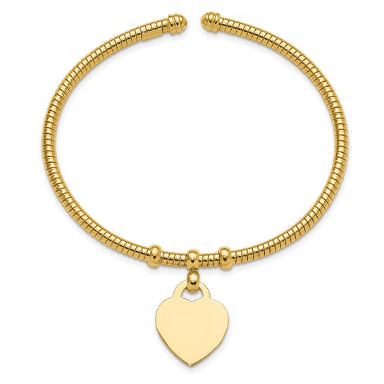 14K Polished and Textured Flexible Heart Dangle Bangle Bracelet