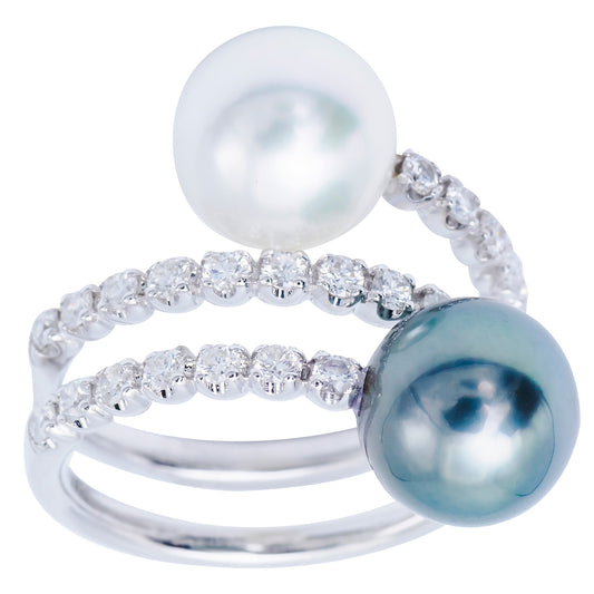 18KW WHITE SOUTH SEA & TAHITIAN PEARL RING, 9-10MM